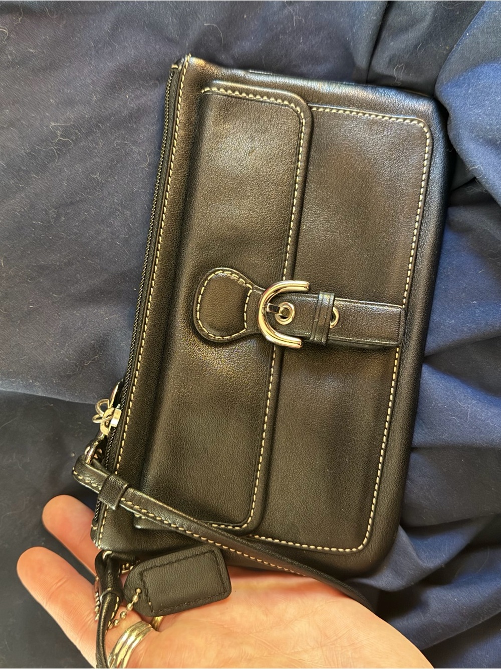 Coach Black Leather Wristlet with Gold Buckle Detail